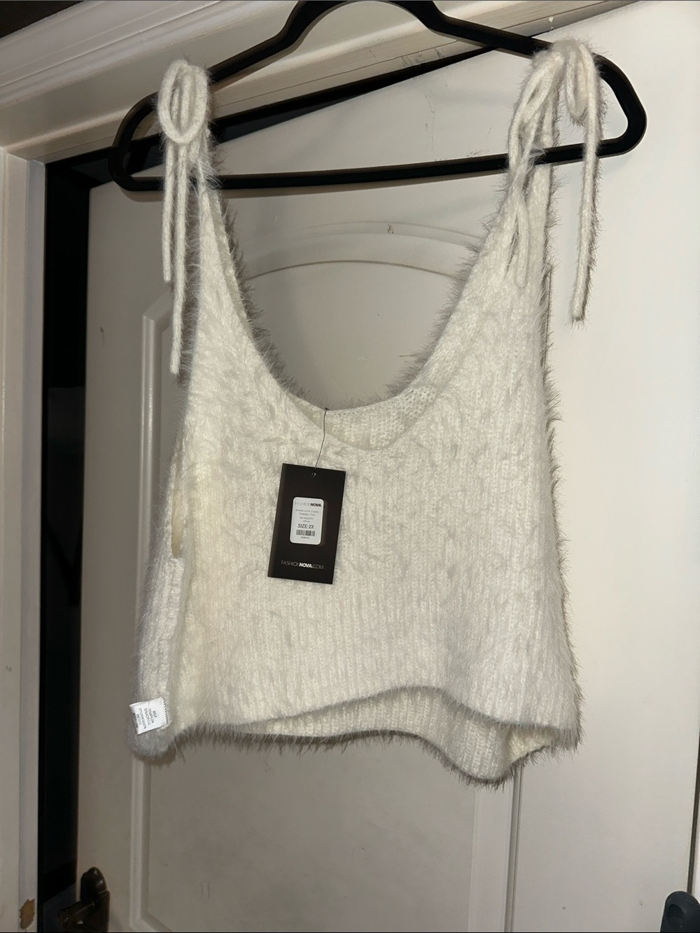Fashion Nova Fuzzy Tie-Shoulder Crop Tank - White